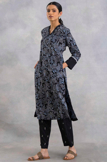 Black Hand Block Printed V-Neck kurta