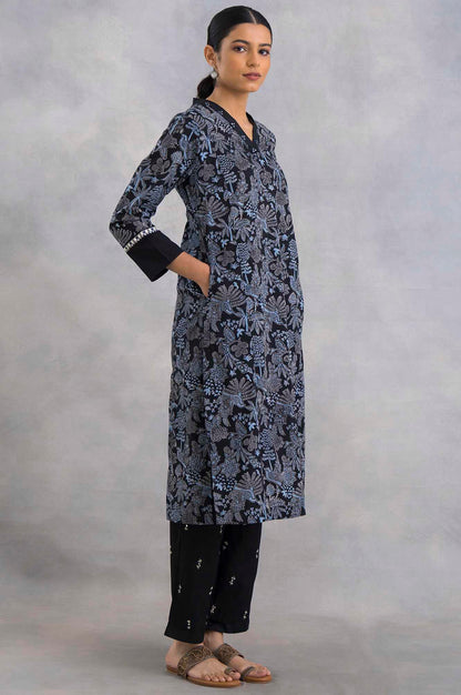 Black Hand Block Printed V-Neck kurta