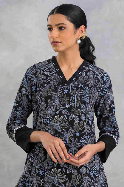 Black Hand Block Printed V-Neck kurta