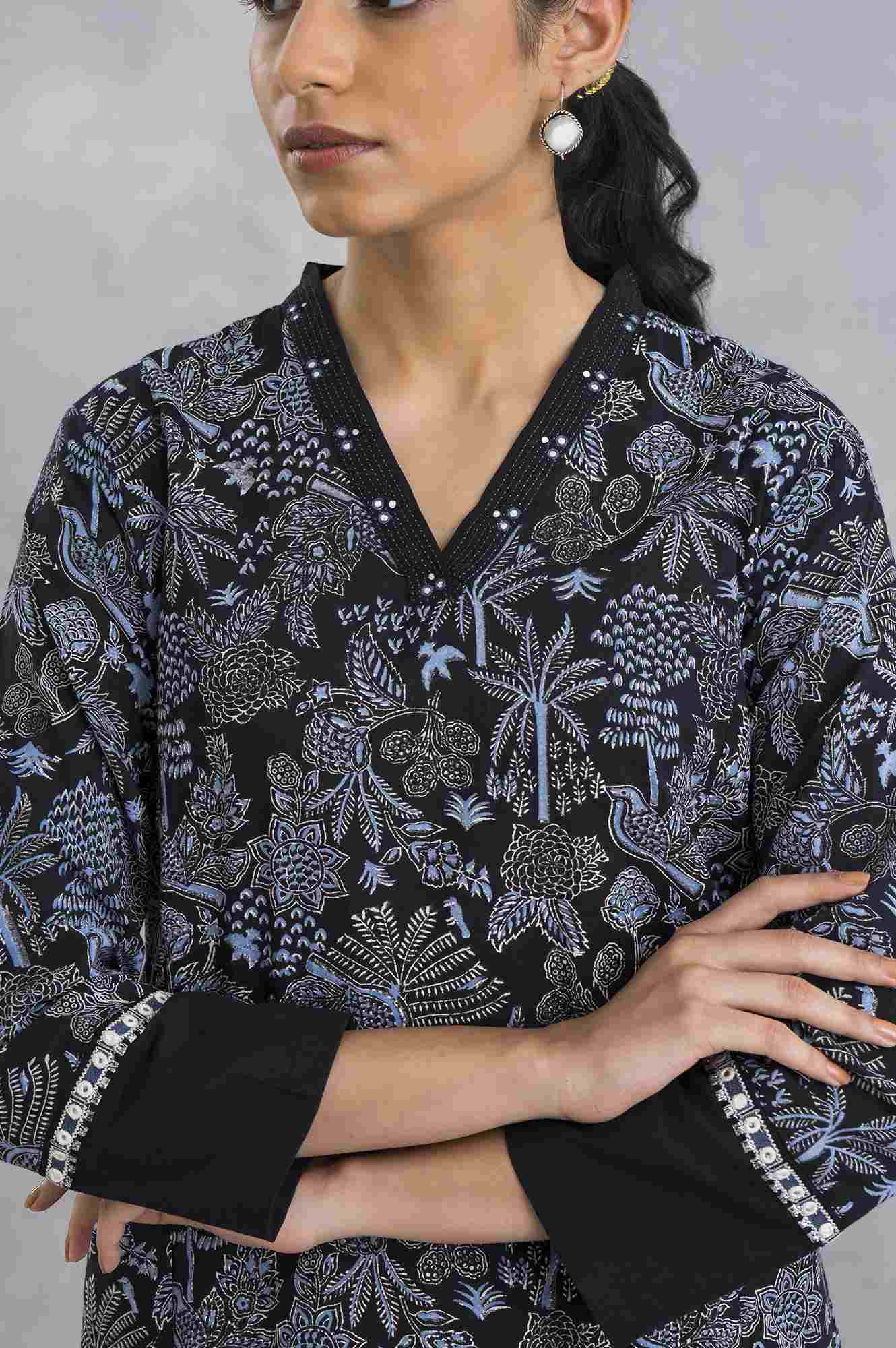 Black Hand Block Printed V-Neck kurta