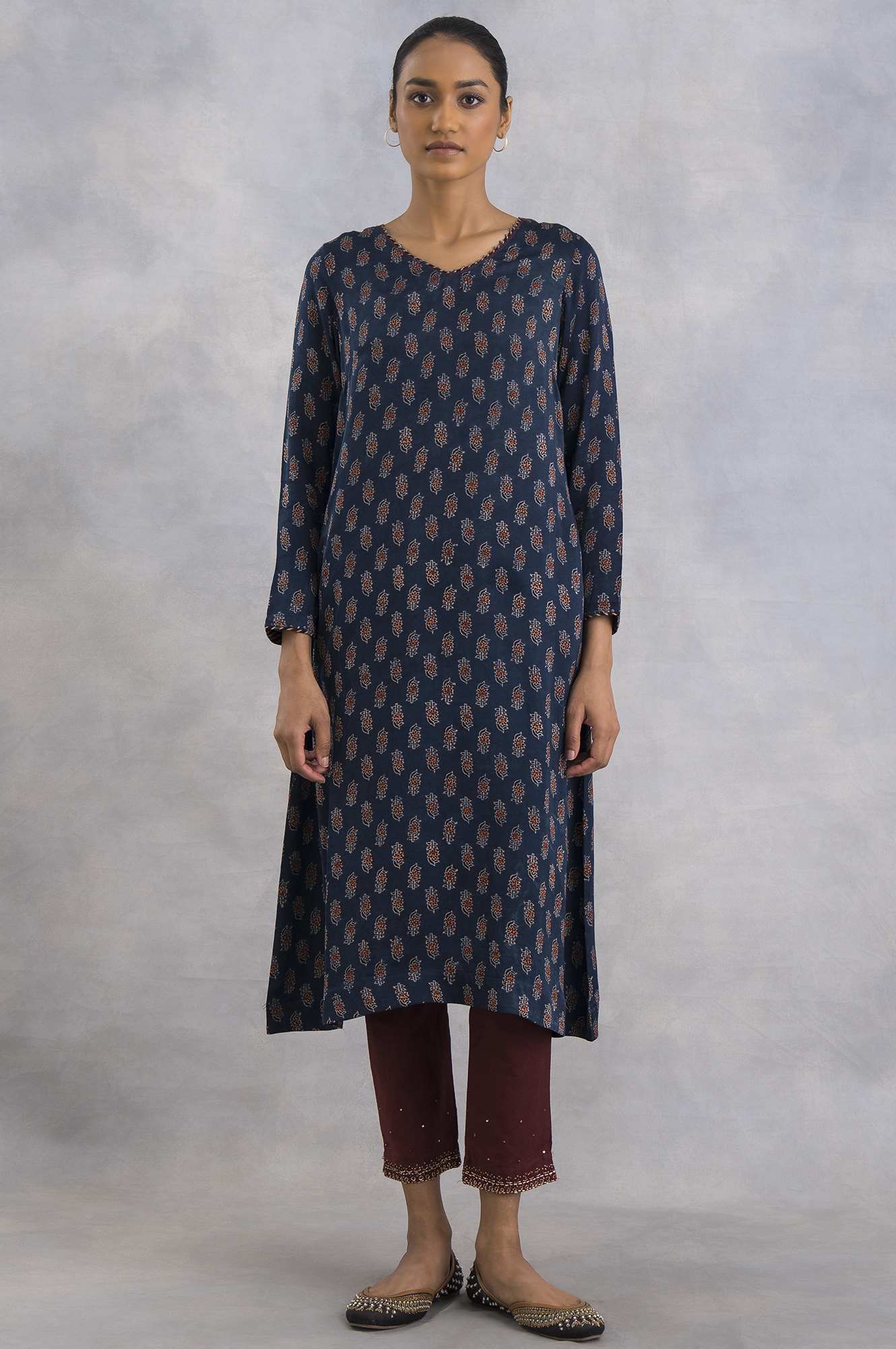 Indigo Ajrakh Print V-Neck kurta