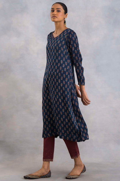 Indigo Ajrakh Print V-Neck kurta