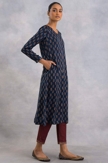 Indigo Ajrakh Print V-Neck kurta