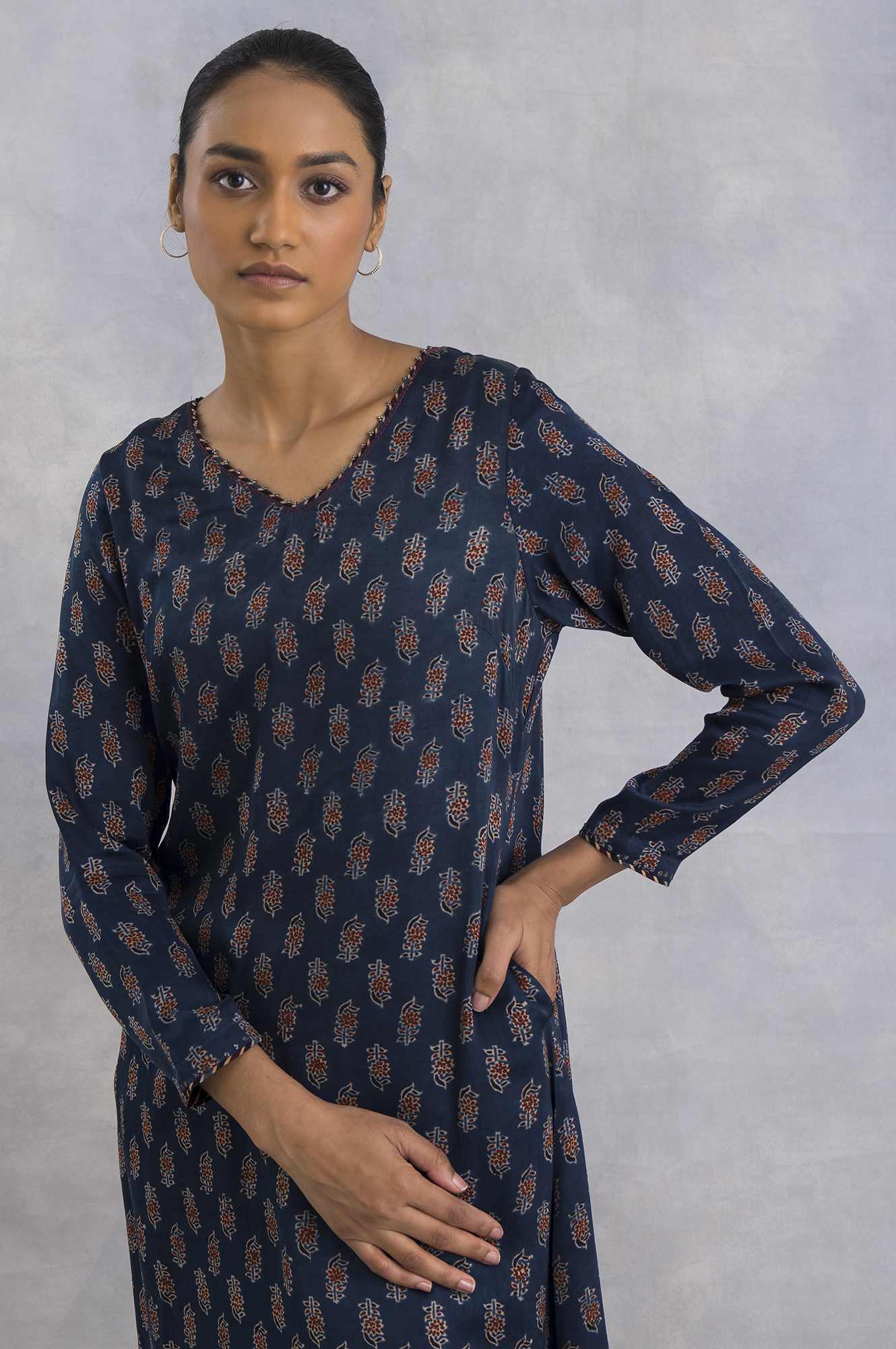 Indigo Ajrakh Print V-Neck kurta