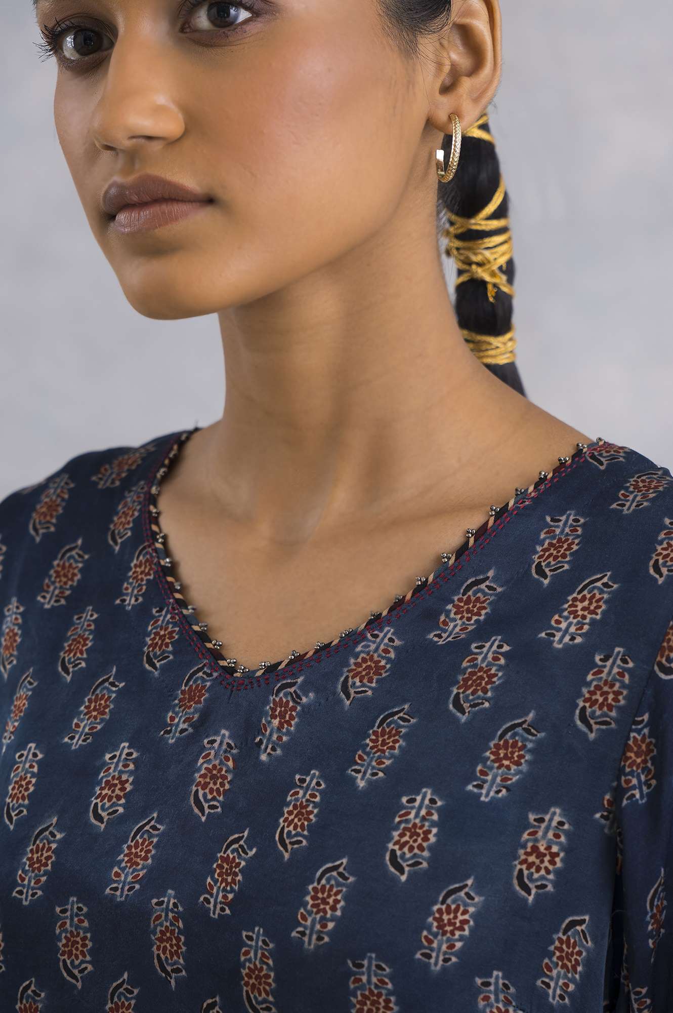 Indigo Ajrakh Print V-Neck kurta