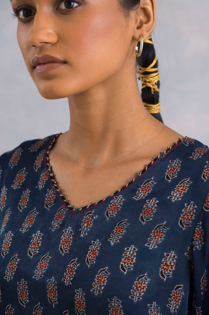 Indigo Ajrakh Print V-Neck kurta