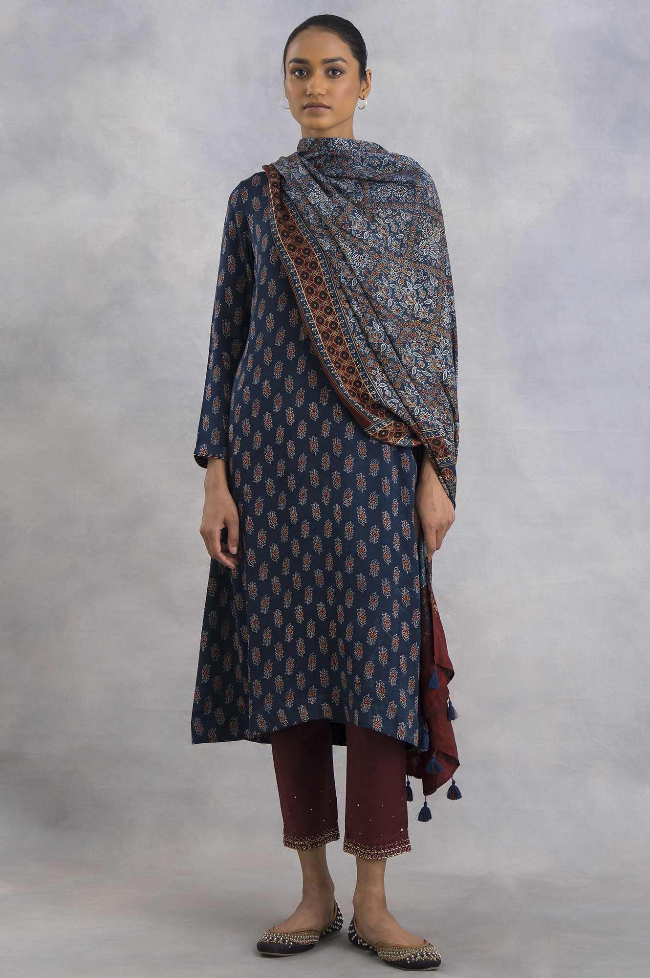 Indigo Ajrakh Print V-Neck kurta