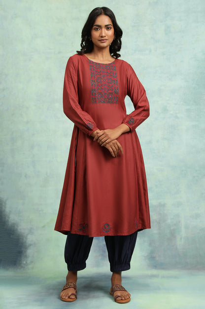 Red Panelled Flared Embroidered Dress