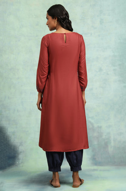 Red Panelled Flared Embroidered Dress