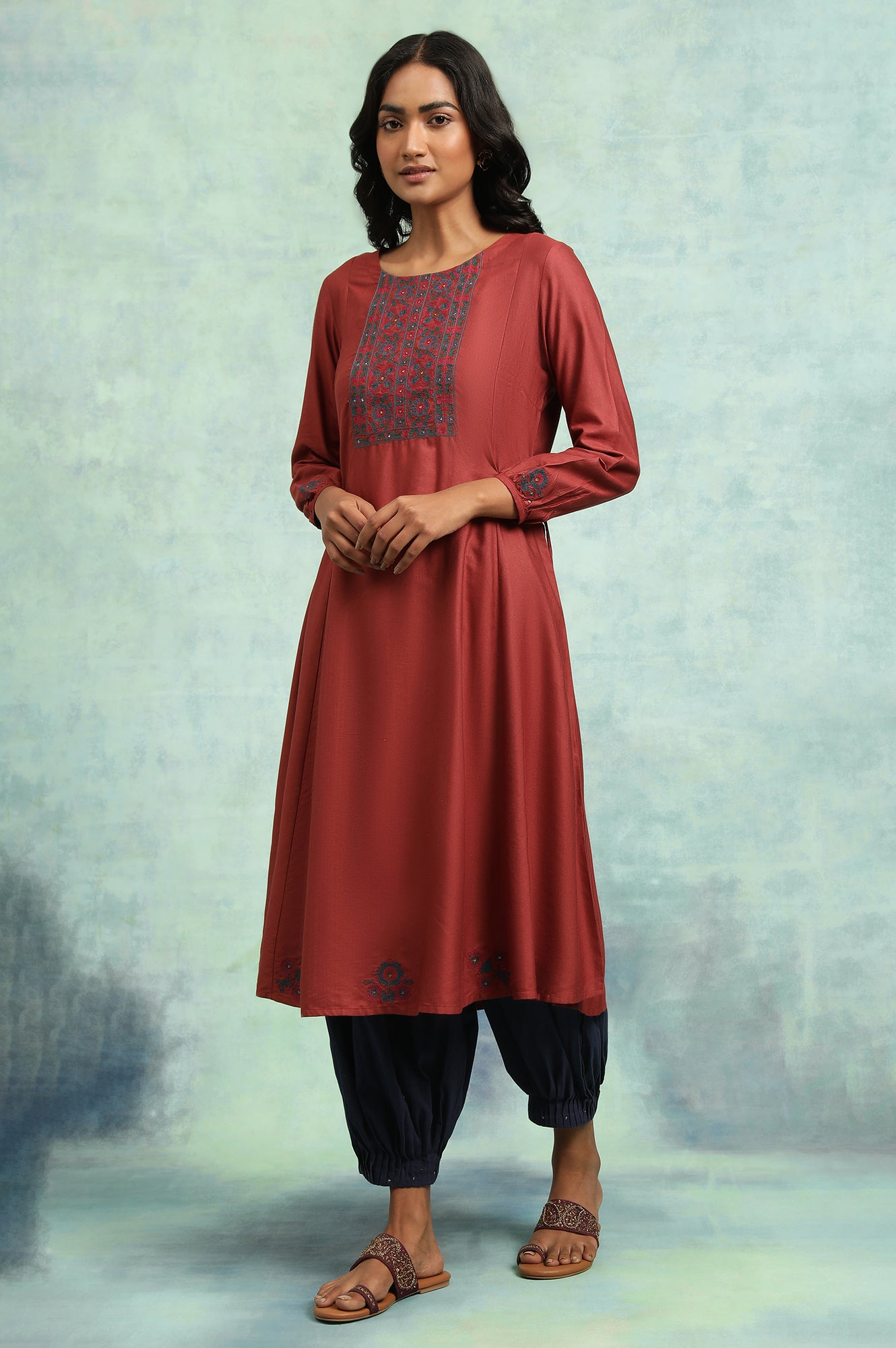 Red Panelled Flared Embroidered Dress