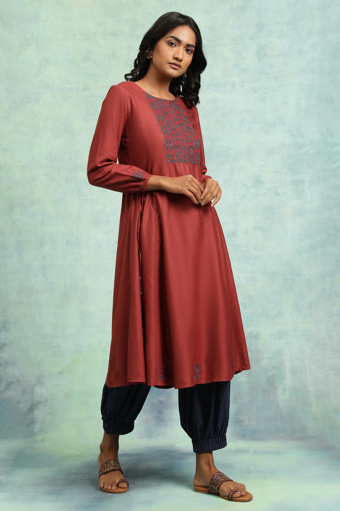 Red Panelled Flared Embroidered Dress