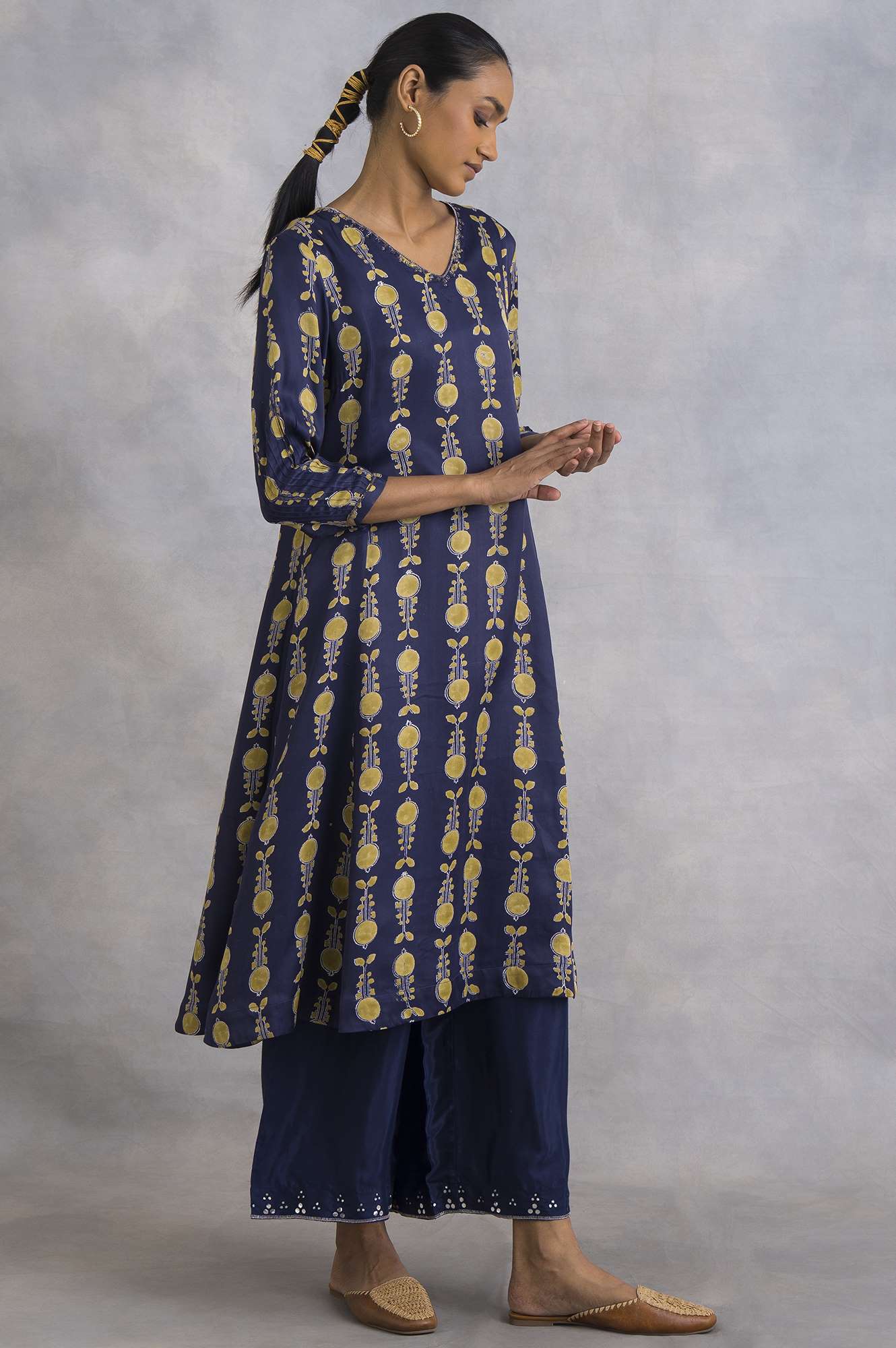 Purple Hand Block Print Lustrous Satin kurta