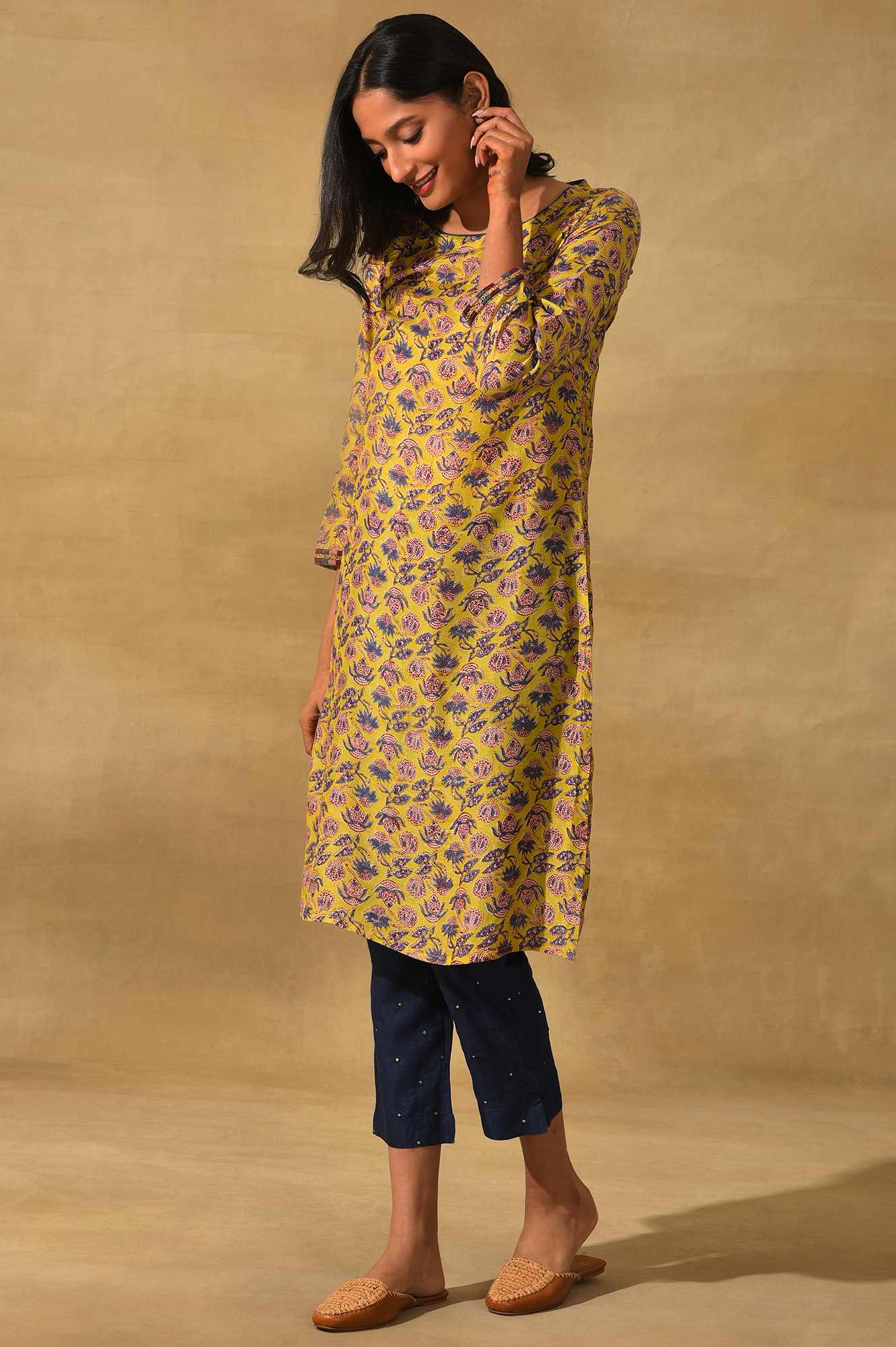 Green Hand Block Print kurta In Lyocell