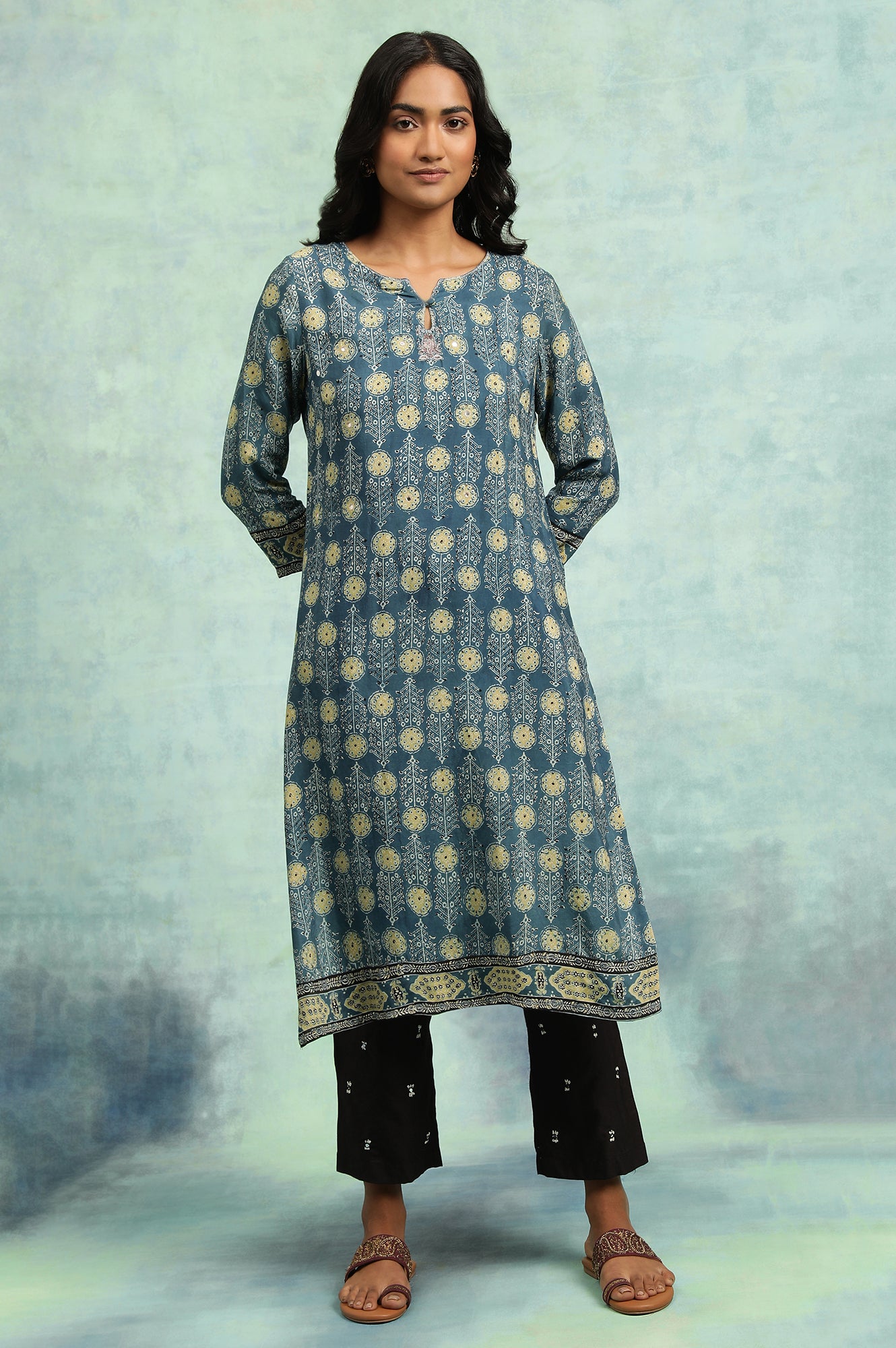 Teal Blue Ajrakh Print kurta