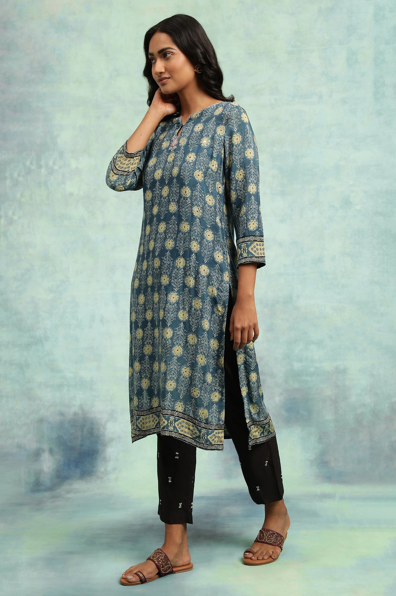 Teal Blue Ajrakh Print kurta