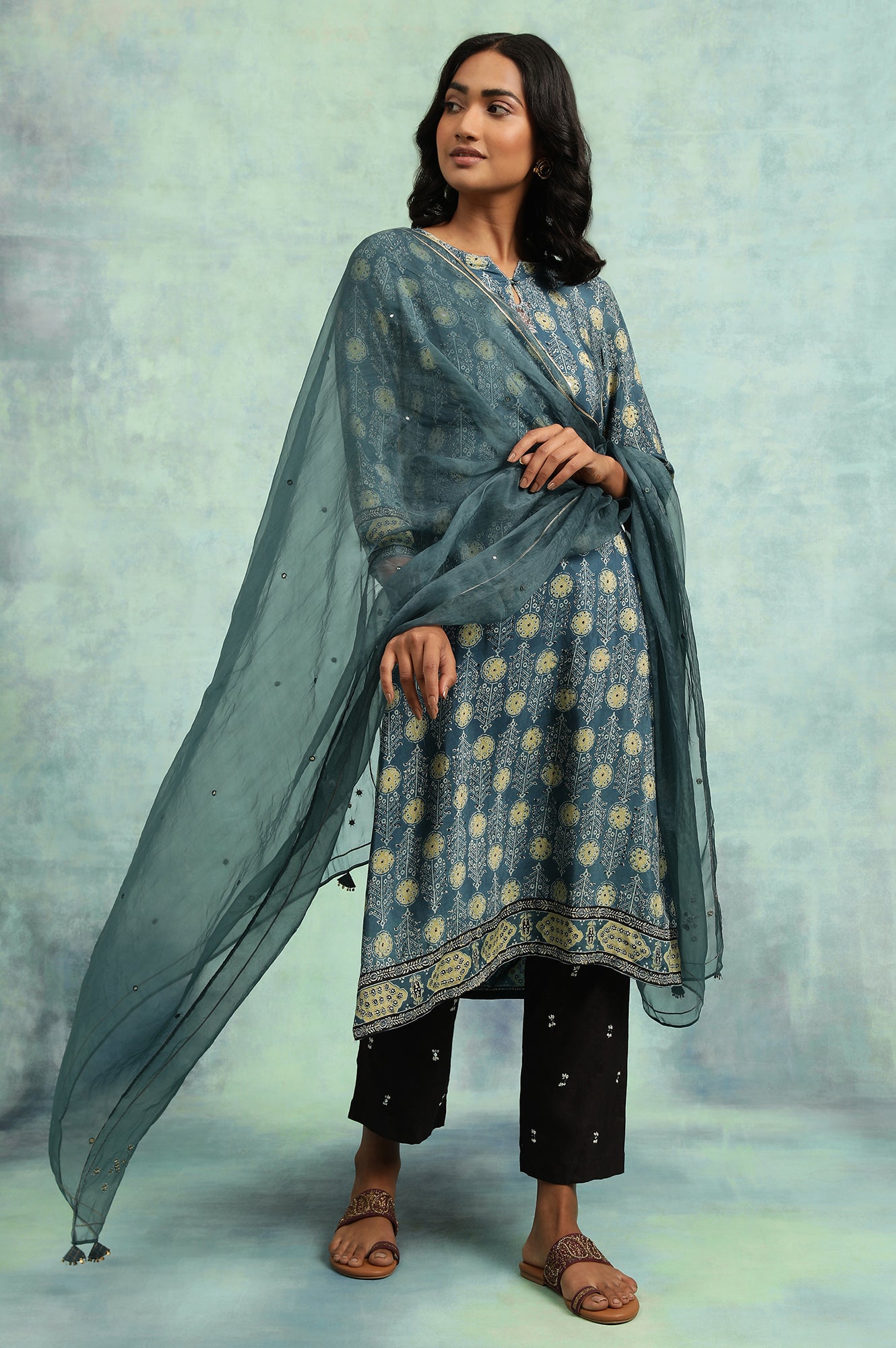 Teal Blue Ajrakh Print kurta