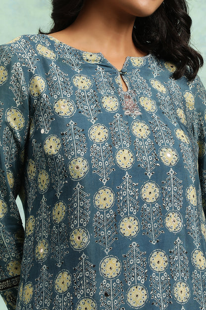 Teal Blue Ajrakh Print kurta