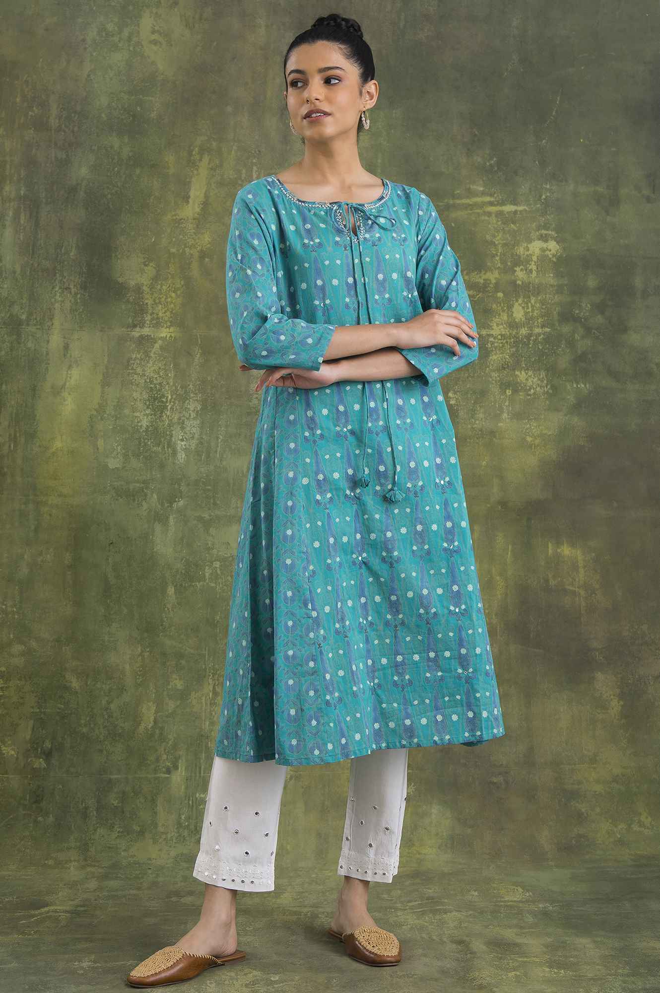 Teal Hand Block Print Cotton kurta