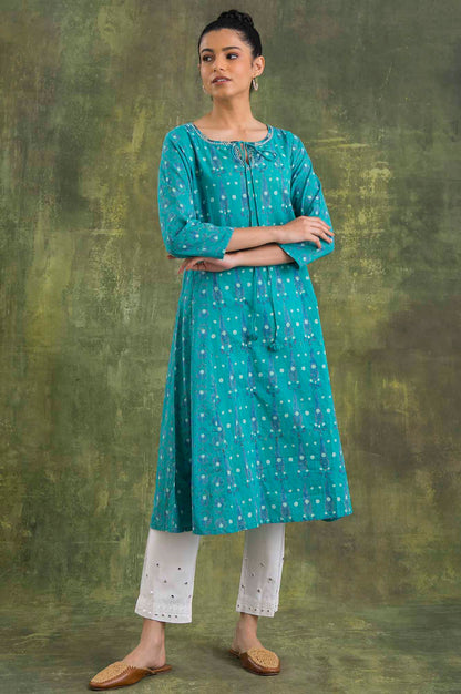 Teal Hand Block Print Cotton kurta