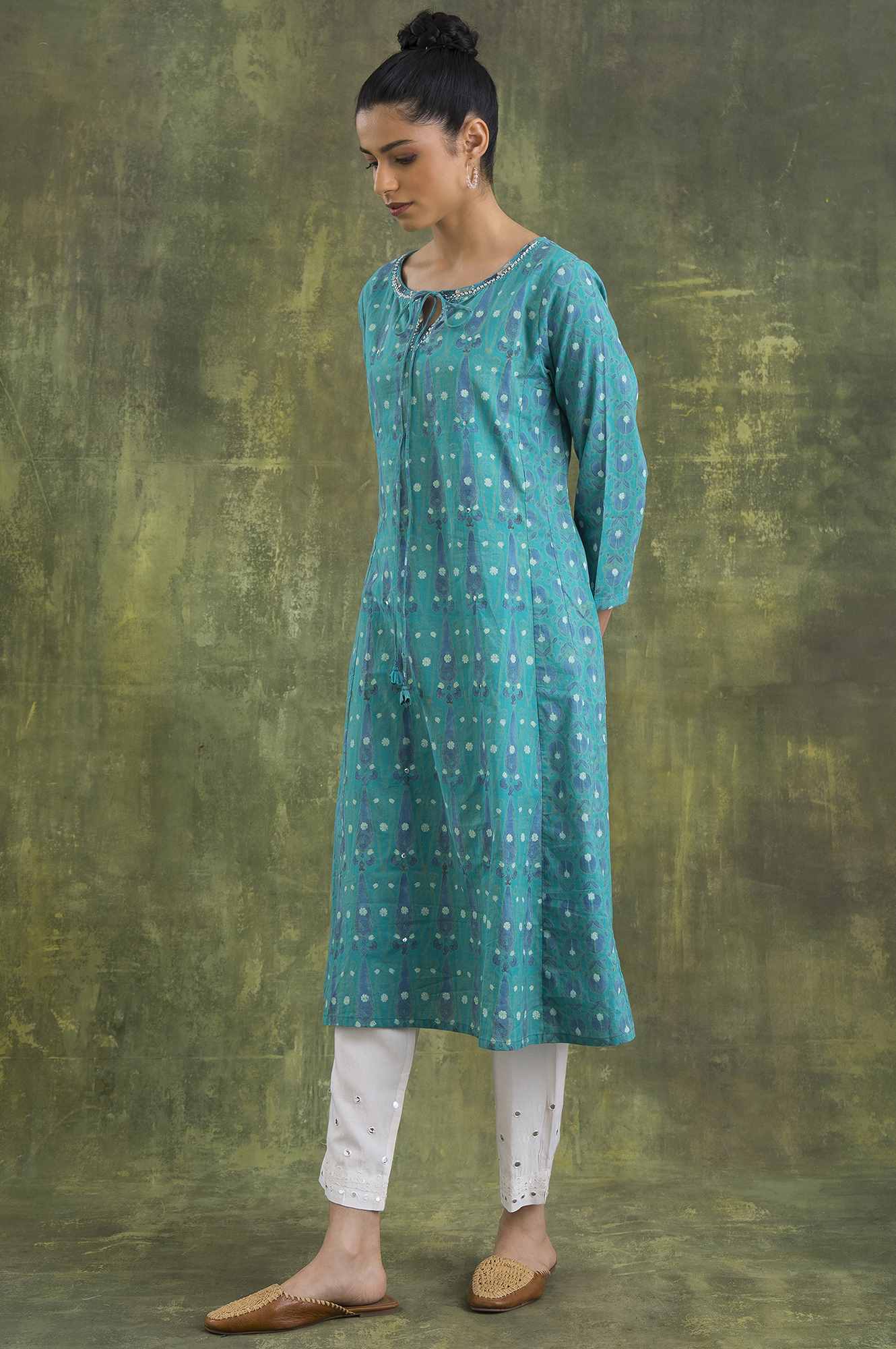 Teal Hand Block Print Cotton kurta