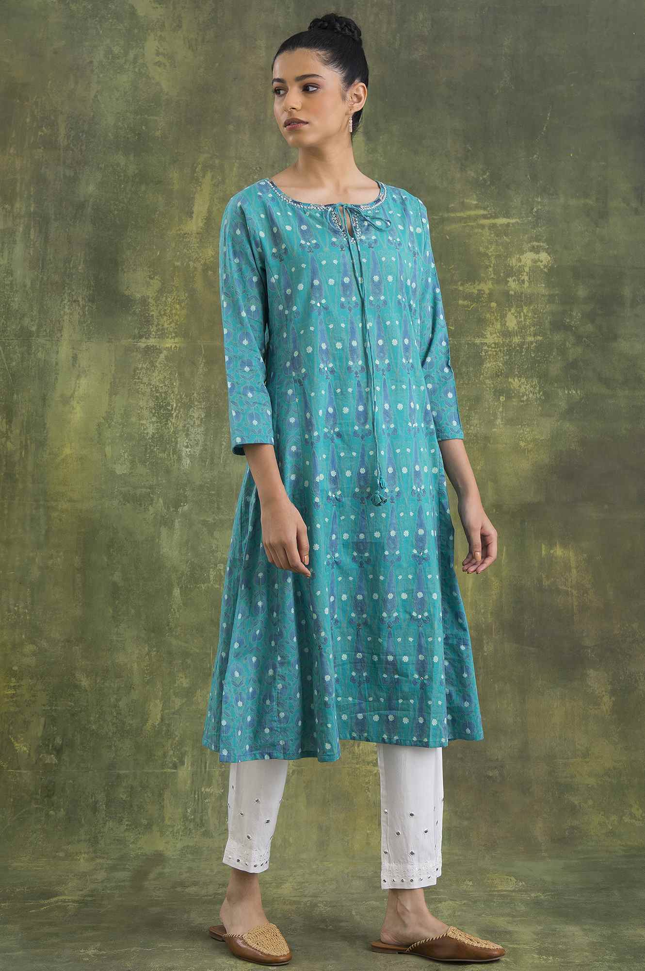 Teal Hand Block Print Cotton kurta