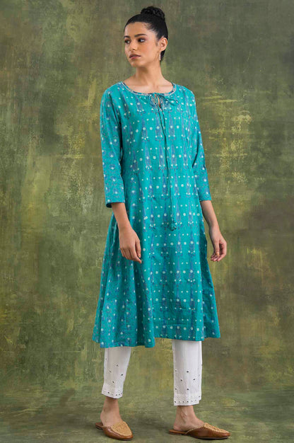 Teal Hand Block Print Cotton kurta