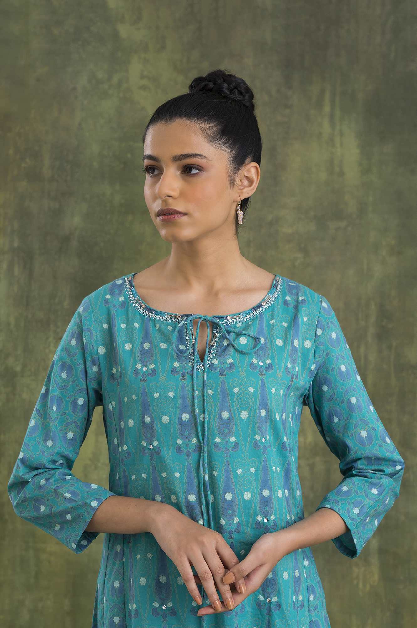 Teal Hand Block Print Cotton kurta