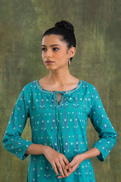 Teal Hand Block Print Cotton kurta