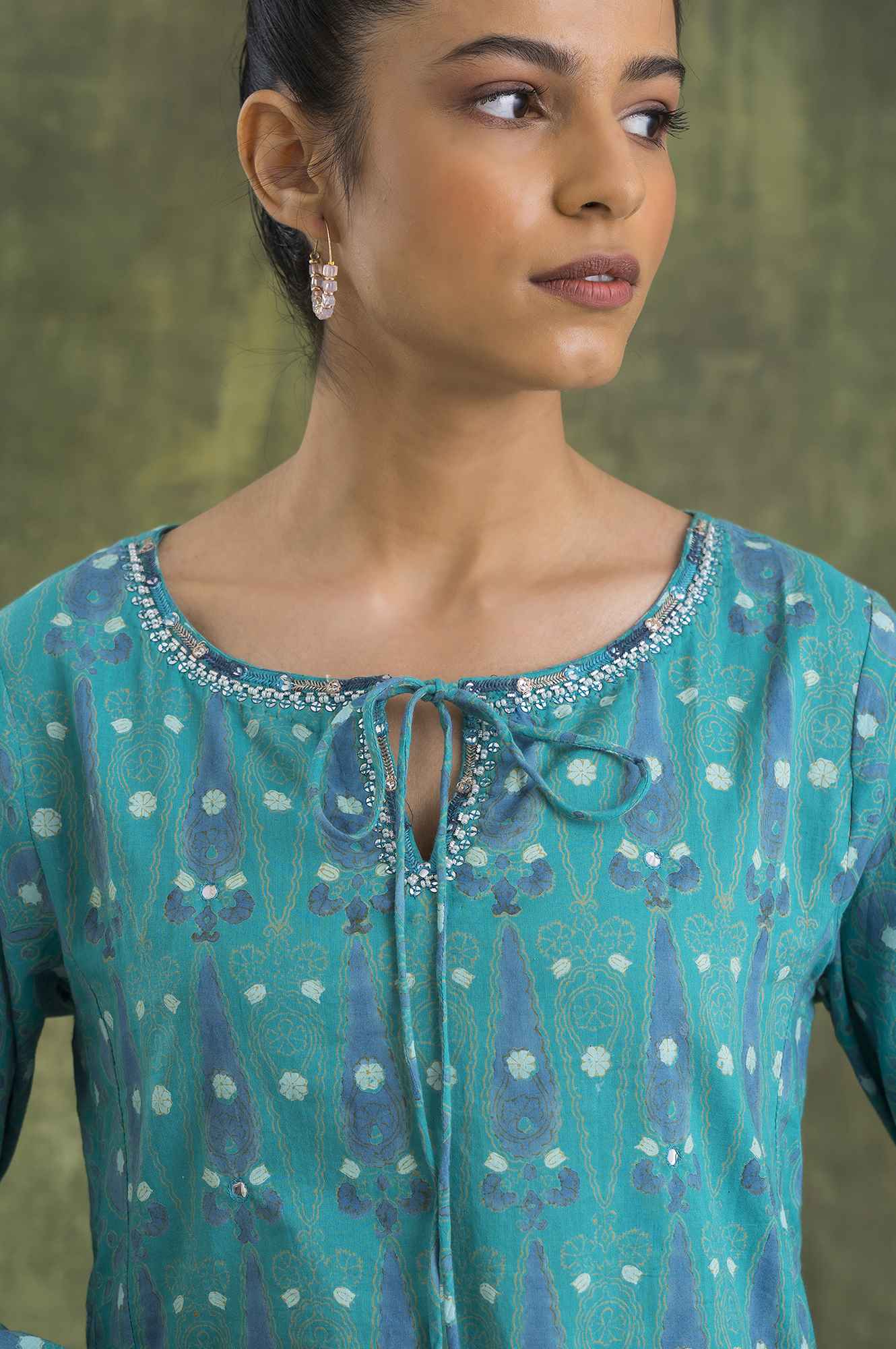 Teal Hand Block Print Cotton kurta