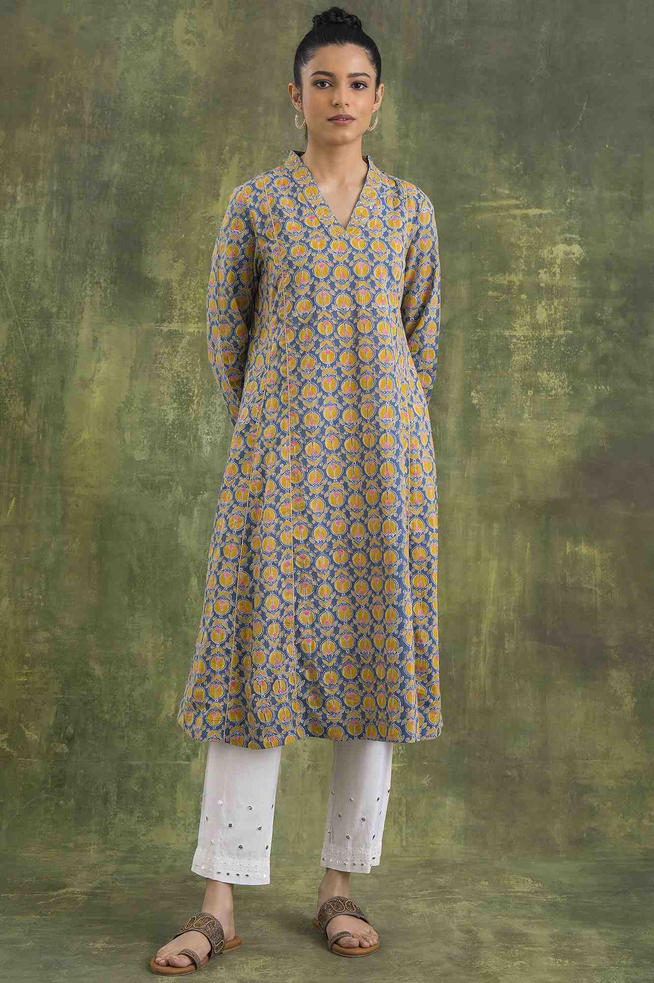 Blue Hand Block Print A-Line kurta