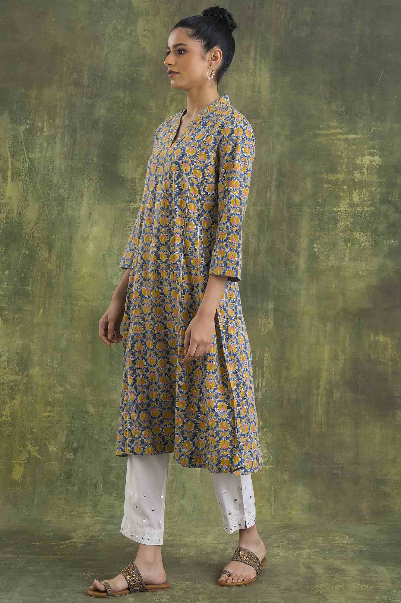 Blue Hand Block Print A-Line kurta