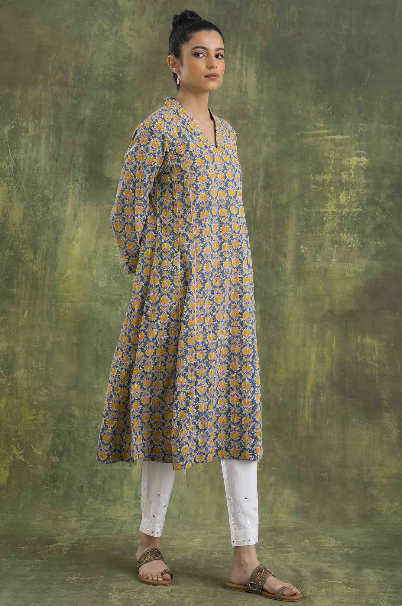 Blue Hand Block Print A-Line kurta