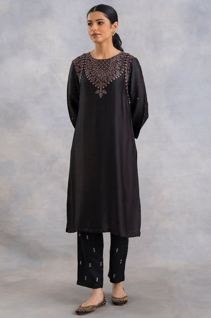 Black Bandhej Print kurta In Lustrous Satin