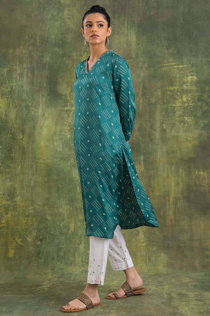 Green V-Neck Lustrous Satin kurta