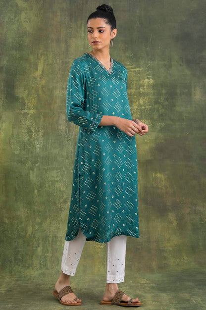 Green V-Neck Lustrous Satin kurta