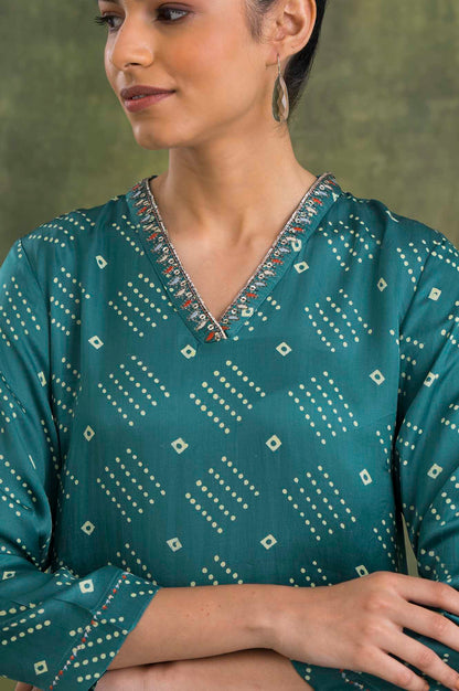 Green V-Neck Lustrous Satin kurta