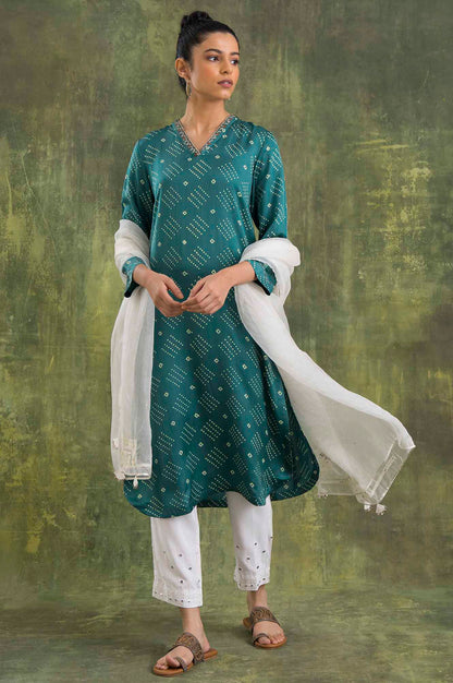 Green V-Neck Lustrous Satin kurta