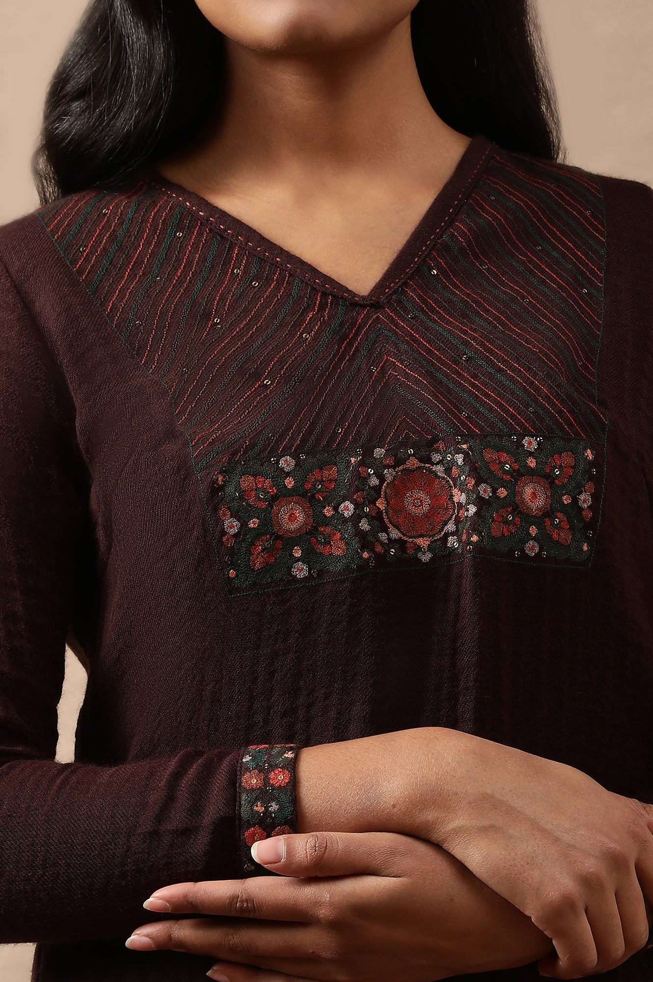 Brown Woollen Embroidered kurta