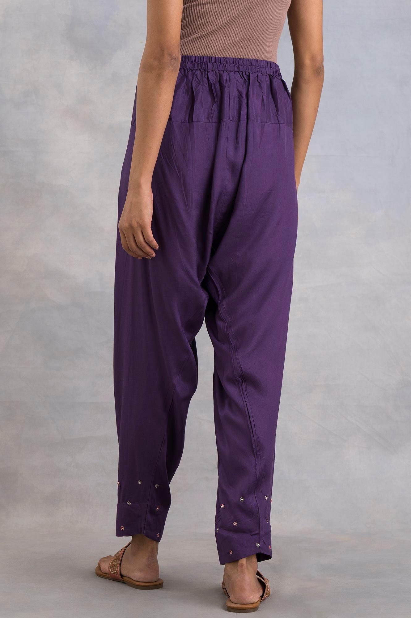Purple Solid Salwar Pants With Embroidery - wforwoman