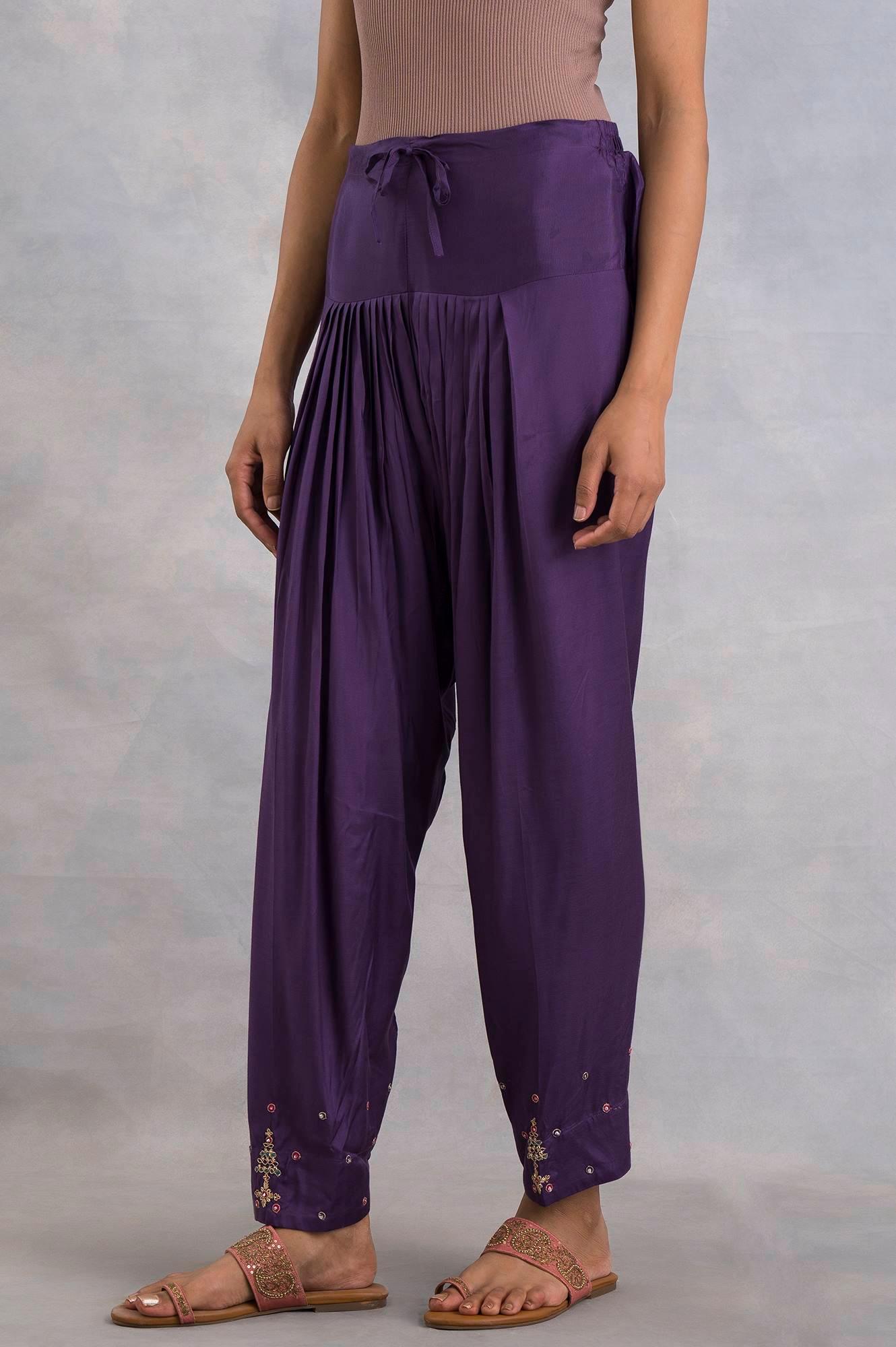 Purple Solid Salwar Pants With Embroidery - wforwoman