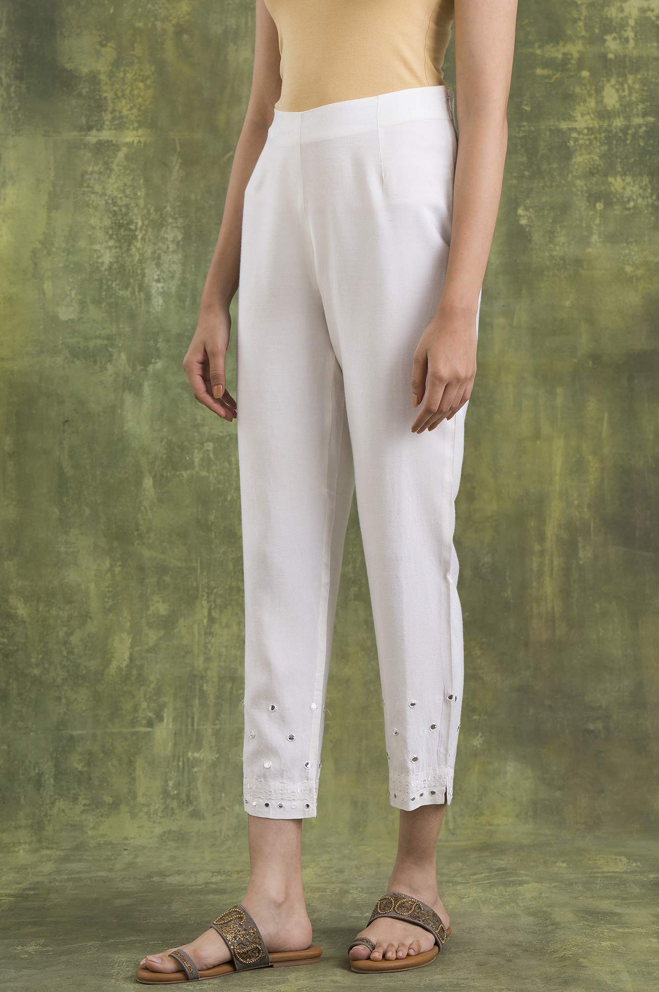 Marshmallow White Solid Slim Pants