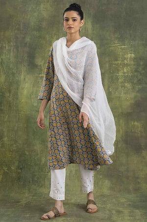 Ecru Kota Doriya Mukaish Drape - wforwoman