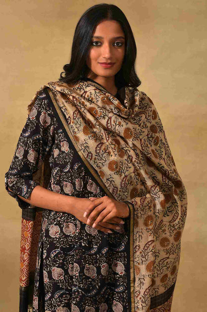 Light Beige Hand Block Printed Cotton Silk Drape