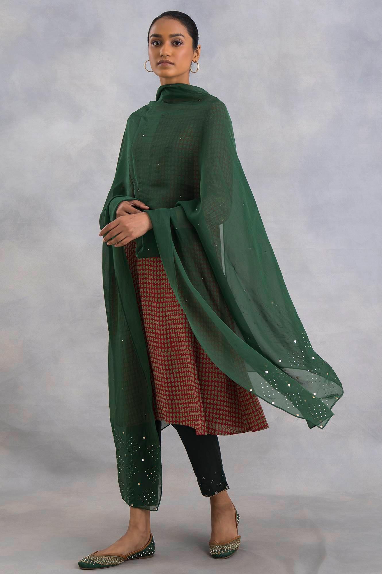 Green Solid Silk Organza Drape - wforwoman