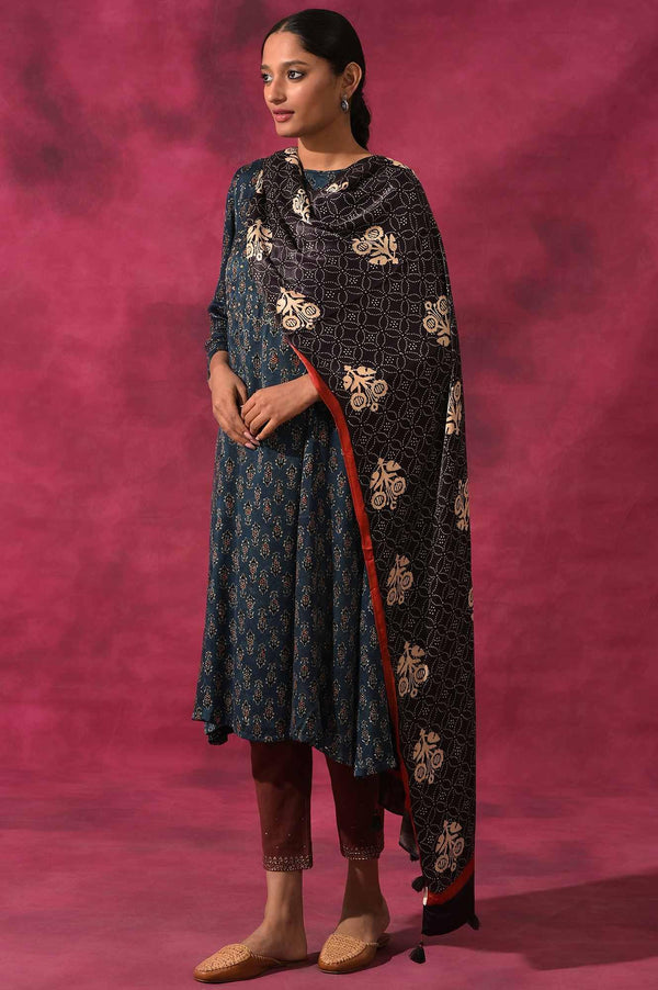Black Ajrakh Printed Drape In Lustrous Modal Satin