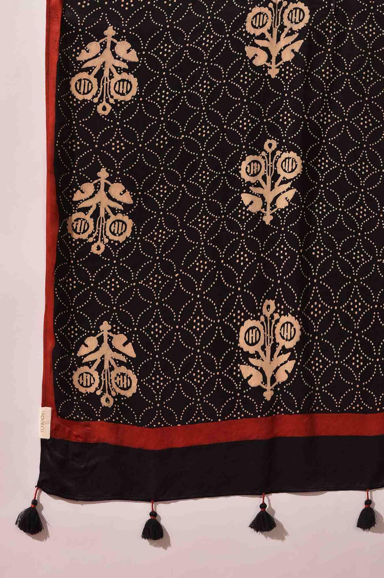 Black Ajrakh Printed Drape In Lustrous Modal Satin - wforwoman