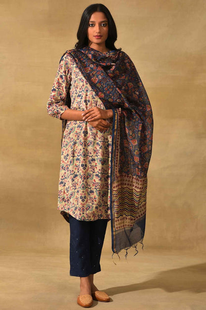 Blue Hand Block Printed Cotton Silk Drape - wforwoman