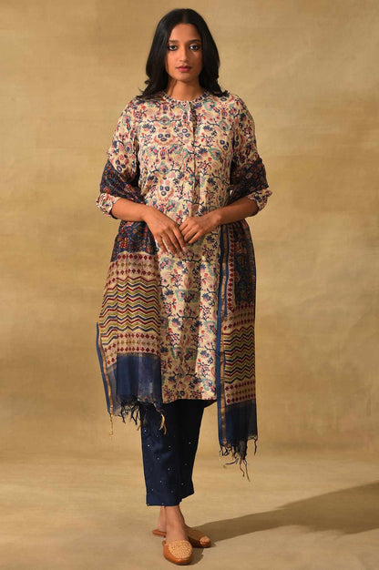 Blue Hand Block Printed Cotton Silk Drape - wforwoman