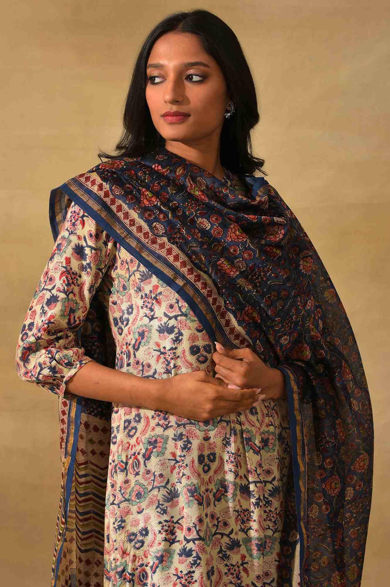 Blue Hand Block Printed Cotton Silk Drape - wforwoman