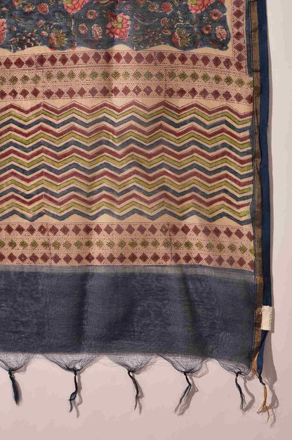 Blue Hand Block Printed Cotton Silk Drape - wforwoman